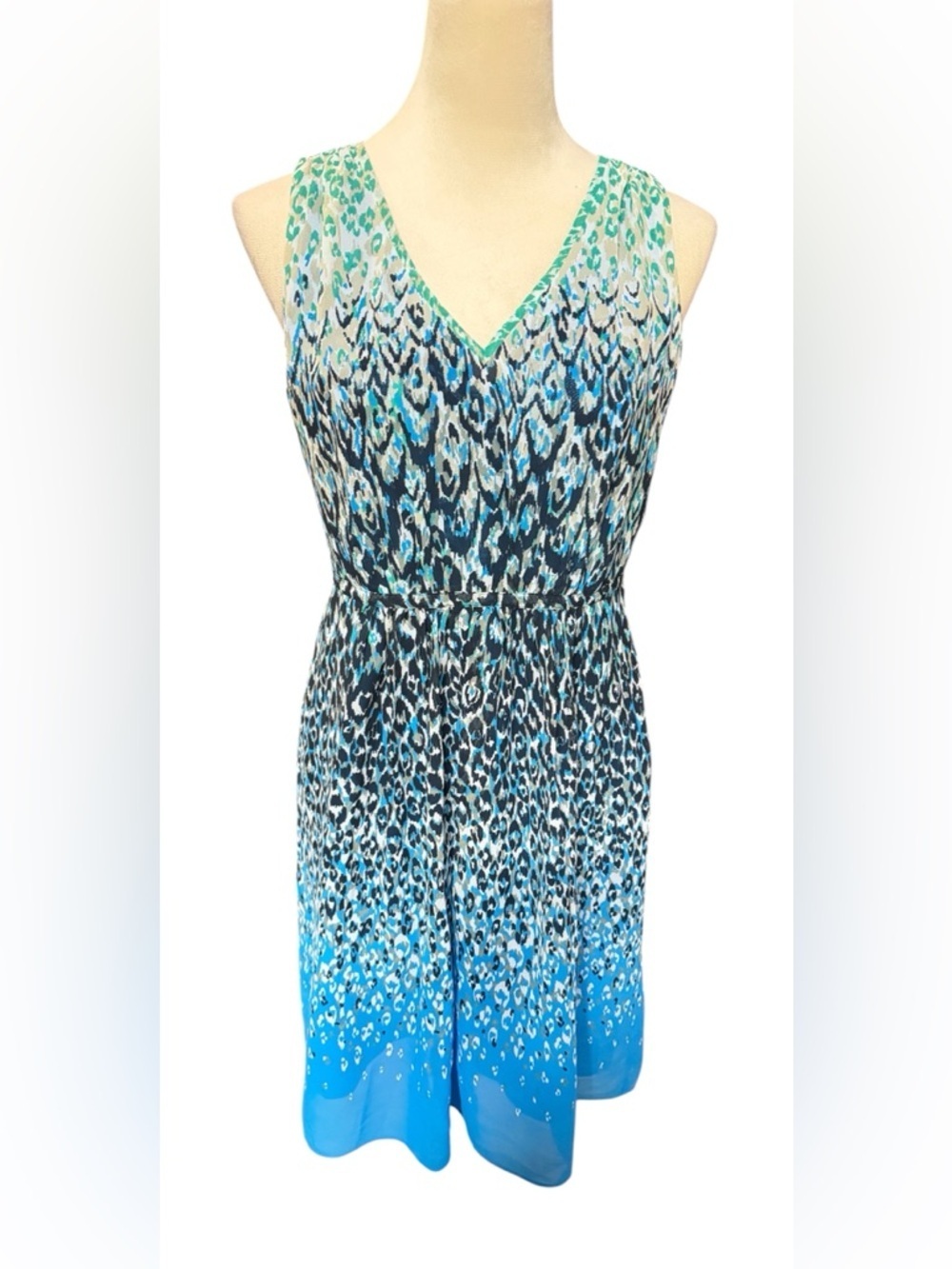 Ann Taylor Blue Multi V-Neck Sleeveless Midi Dress